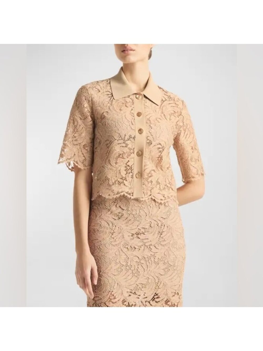 St. John Fern Leaf Lace Elbow-Sleeve Collared Crop Top 4